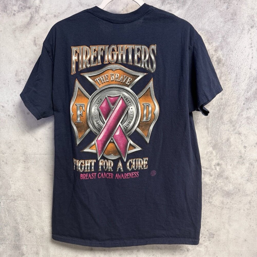 Vintage Fire Fighter T Shirt Mens Large Blue Y2K Fight for the Cure Cancer Y2K